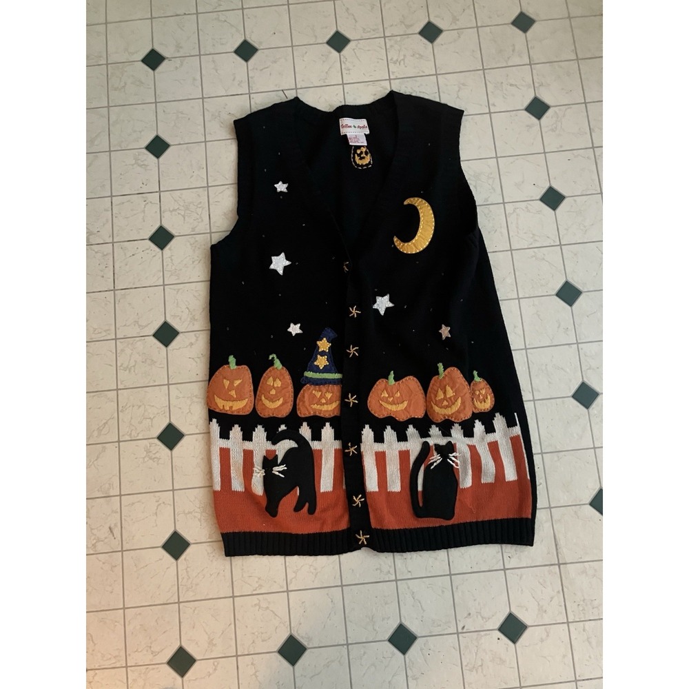 Toffee Apple Sweater Vest Womens S Halloween Black Cats Pumpkins Moon Stars